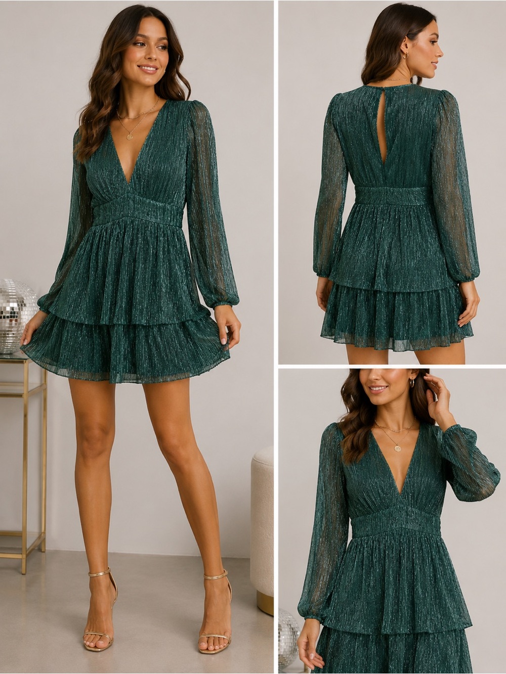 Trixxi Emerald Green Metallic V-Neck Long Sleeve Dress